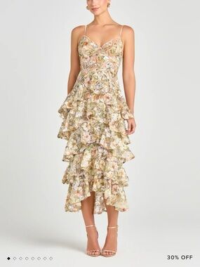 NADINE MERABI Saffron Pastel Floral Tiered Ruffle Midi Dress